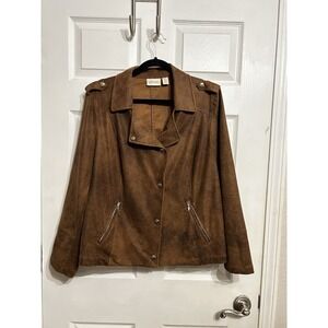 Chicos Womens Size 3 Faux Suede Brown Tonal Print Moto Jacket Button Pockets Zip